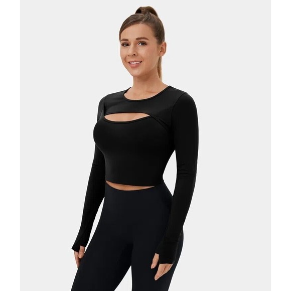 NWT & Bag Halara Cloudful Fabric Long Sleeve Thumb Hole Cropped Open Top Size S - Picture 1 of 12